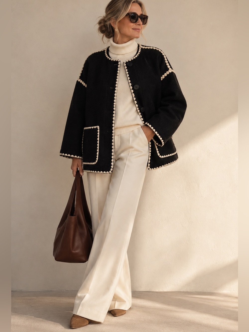 BCBGMAXAZRIA Black Cream Blanket Stitch Relaxed Wool Look Coat Jacket Size L
